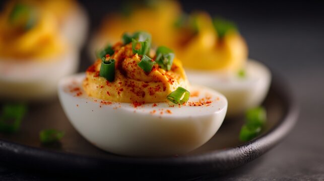 deviled eggs close-up with bokeh background, shallow focus, elegant food photography style