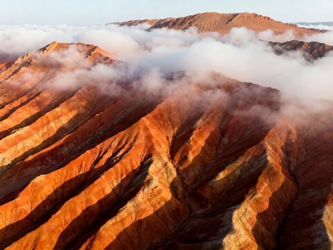 Aerial view of rugged red rock formations with clouds drifting over mountain ridges