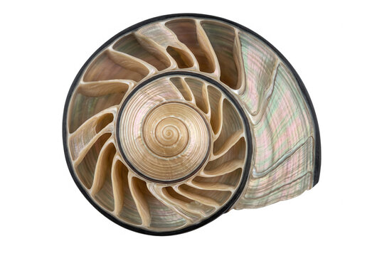 Przekr&oacute;j poprzeczny muszli łodzika nautilusa z widocznymi spiralnymi komorami i perłową teksturą na białym tle, ukazujący naturalną geometrię i matematyczną precyzję natury.