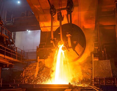 Molten metal pours from a heavy industrial ladle furnace in a dramatic foundry setting. Perfect for manufacturing, metallurgy, and heavy industry concepts.