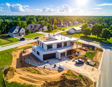 Aerial view of a new residential home under construction in a suburban neighborhood on a sunny day. Ideal for real estate development and housing market concepts.