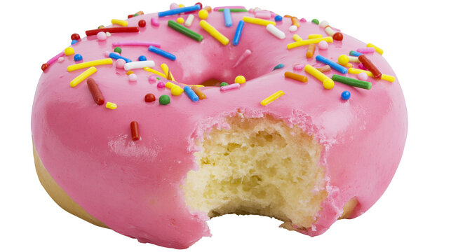 Isolated appetizing pink glazed donut with colorful sprinkles and a visible bite taken