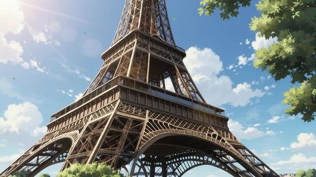 Iconic Eiffel Tower landmark in Paris under a beautiful bright blue summer sky.