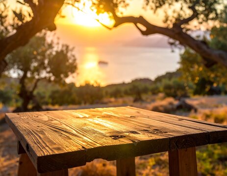 Empty wooden table under olive branches overlooking a scenic Mediterranean sea at sunset. Ideal for summer travel and dining product mockups.