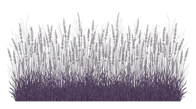 Piękna ilustracja kępy kwitnącej lawendy na białym tle, przedstawiająca fioletowe kwiaty i zielone liście w minimalistycznym stylu graficznym idealnym do projekt&oacute;w