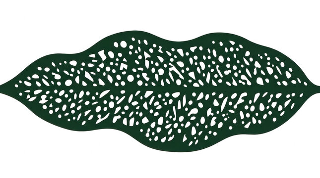 Abstrakcyjna ilustracja w kształcie ust wypełniona wzorem liścia z białymi kropkami i plamkami na ciemnozielonym tle, symbolizująca naturę i ekologię w nowoczesnym stylu graficznym.