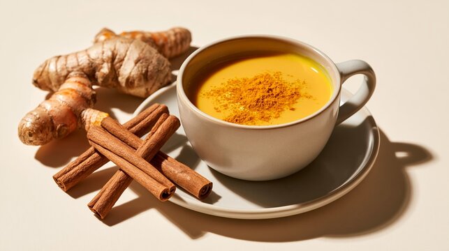 Golden turmeric wellness drink with fresh ginger and cinnamon on cream background Generative AI