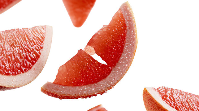 Isolated fresh grapefruit slices with water droplets scattered beautifully for healthy food concepts
