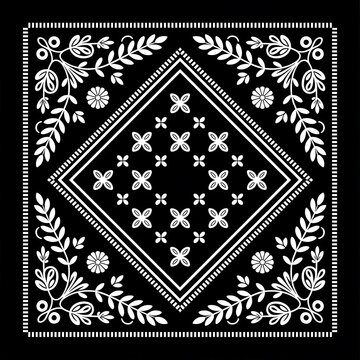 Black and white bandana pattern with floral and geometric motifs