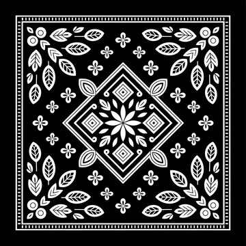 Black and white bandana pattern with floral and geometric elements