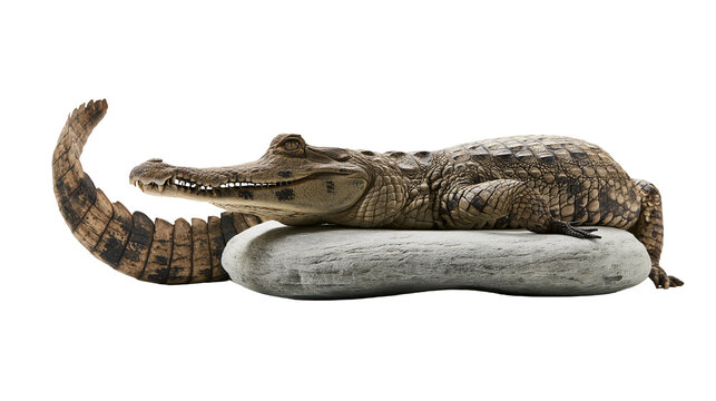 Isolated juvenile caiman resting peacefully on a grey stone, detailed scales and texture