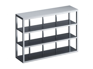 Fototapeta premium Nowoczesny metalowy regał z trzema półkami o minimalistycznym designie, idealny do przechowywania przedmiotów w biurze, sklepie lub nowoczesnym wnętrzu mieszkalnym na białym tle.