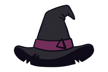 Ilustracja wektorowa czarnego kapelusza czarownicy z fioletowym paskiem, klasyczny atrybut magii i Halloween na białym tle, idealny do projektów graficznych i dekoracji tematycznych.