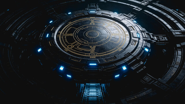A circular futuristic sci-fi platform with metallic surfaces, glowing blue lights and golden circuit patterns, set in a dark industrial space.