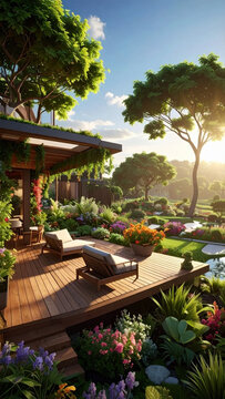 Green garden terrace overlooking sunlit landscaped park, featuring wooden decking, lounge chair, flowering plant, ornamental tree, and peaceful outdoor living design