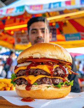 Double cheeseburger with sesame bun and sauces at colorful outdoor food market