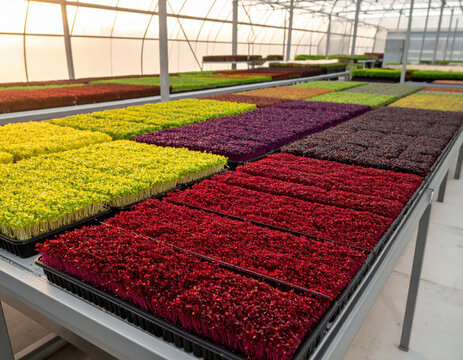 Greenhouse seedling tray with colorful young plants arranged on growing tables for commercial horticulture