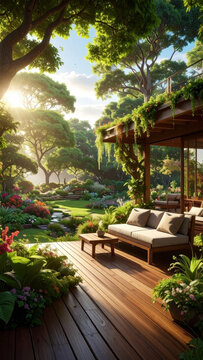 Lush tropical garden with wooden deck, outdoor sofa, flowering plant, sunlight, and peaceful residential patio creating relaxing Christmas concept atmosphere