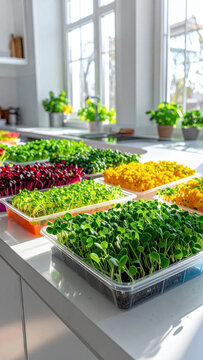 Microgreen tray in bright indoor kitchen with colorful edible sprouts and fresh plant leaves