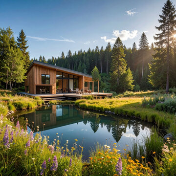 Modern wooden cabin beside reflective pond in sunlit forest meadow, surrounded by wildflower, evergreen tree, and peaceful natural scenery