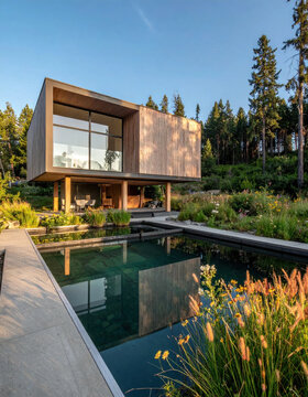 Modern house reflecting pool forest garden wooden architecture modern house exterior reflecting pool forest garden wooden architecture glass window landscaped garden residential building