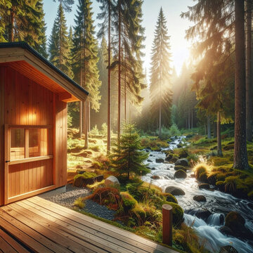 Sunlit forest cabin beside rocky stream surrounded by evergreen tree and mossy woodland, creating peaceful outdoor retreat scene with warm natural light