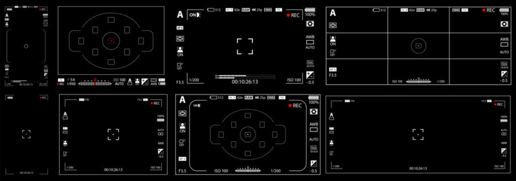 Smartphone, DSLR camera rec overlay pack isolated on black bg. 16:9, 4:3, 21:9 recorder cam display. Video or photo recording screen. Viewfinder Layout template. Vector illustration