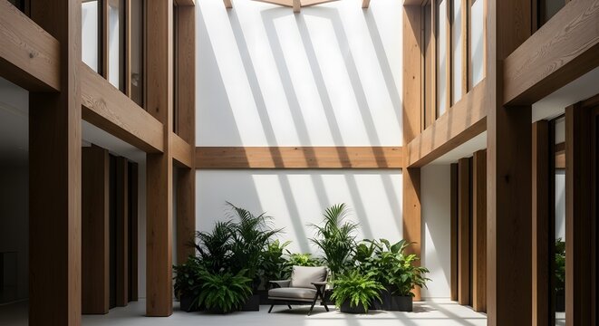 Modern minimalist interior atrium featuring massive wooden beams and lush indoor tropical plants bathed in dramatic natural sunlight with striped shadows on white walls and a gray armchair.