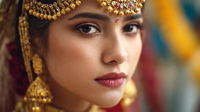Close up of woman with Indian bridal jewelry.