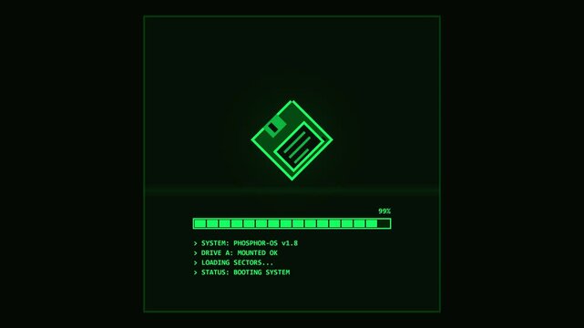Retro Computer Loading Screen with Green Terminal Interface and Floppy Disk Icon