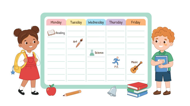 Cute Cartoon School Subject Schedule and Weekly Planner Layout Featuring Student Characters, Reading, Art, Science, PE, and Music Lesson Vector Icons
