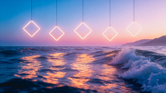 Five glowing square neon lights hang over ocean waves at sunset, with soft reflections on the water surface.
