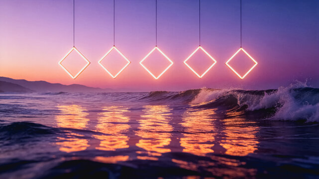 Five glowing square neon lights hang over ocean waves during a purple and orange sunset, with light reflections on the water.