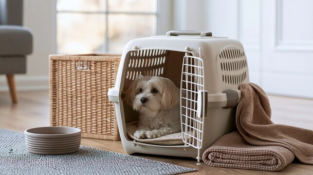 Open pet travel carrier ready for long journey in bright home entrance with mat, bowl, and blanket prepared for the trip Generative AI