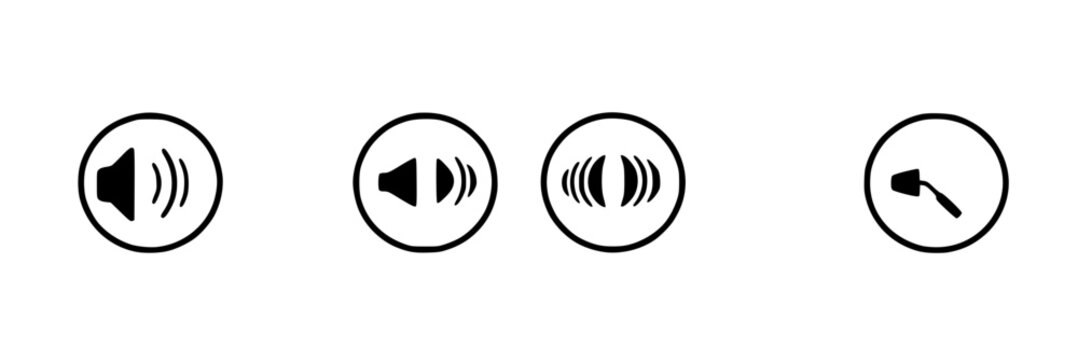 Volume control set with mute and unmute icons featuring speaker, sound waves, diagonal line, minimalist design with black and white and vector illustration
