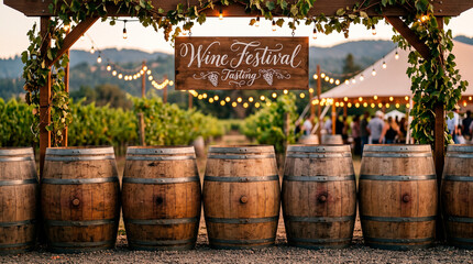 Obraz premium Wooden wine festival tasting sign hanging on vine covered pergola with old oak barrels in vineyard at sunset. Outdoor winery event with string lights and