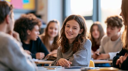 Obraz premium Workshop on digital citizenship with teenagers discussing social media use in a bright classroom Generative AI
