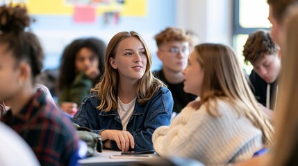 Fototapeta premium Workshop on digital citizenship with teenagers learning about responsible social media use in a classroom Generative AI