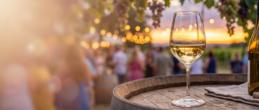 Glass of white wine on wooden barrel at outdoor vineyard festival at sunset. Crowd of people tasting wine among grapevines and festive