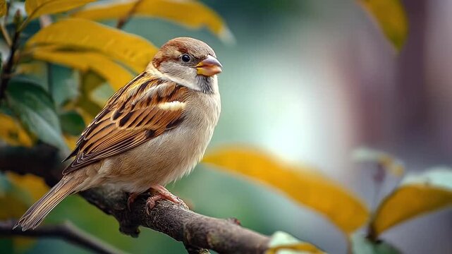 House sparrow sitting on branch with yellow leaves.