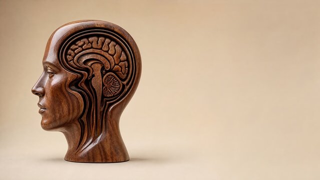Hand carved premium walnut wood face profile brain scan on warm beige studio background