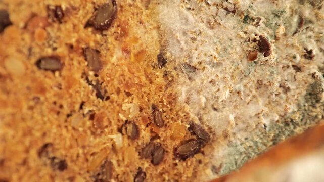 Whole grain bread in green mold.Expired product with mold.Expired product expiration date. 4k footage
