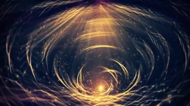 An elegant and luxurious abstract animated background featuring a tunnel of shimmering golden light waves. Fine particles move dynamically, creating a magical, spiritual, and futuristic atmosphere.