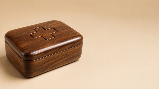 Hand carved premium walnut wood first aid kit box on warm beige studio background