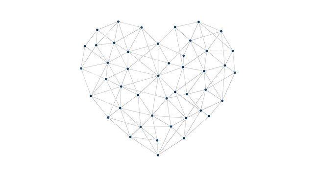Heart shaped abstract network connection graph with intersecting lines and nodes on white background heart shape data structure love symbol structure