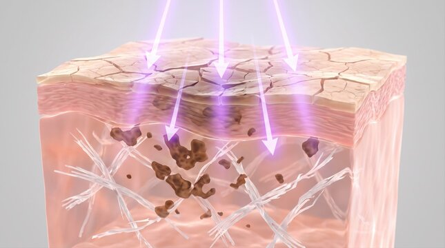 A 3D medical cross-section showing skin damage with UV light rays penetrating damaged layers.
