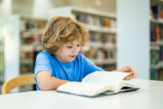 Kid reading book at school library. Child student reads book. School kid reads open book in library. Kid studies with books. School age child reads inside library. School reading education.