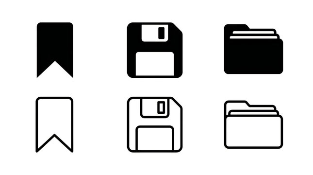 Flat bookmark folder and floppy disk icons set