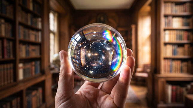 Hand holding a crystal ball reflecting a library interior with colorful light refractions.