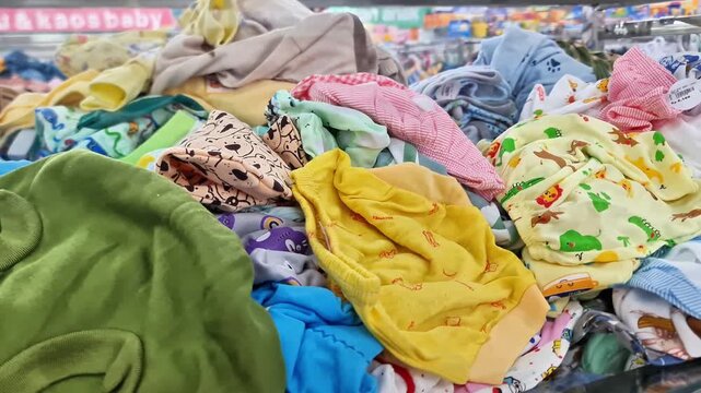 Close-up of a messy pile of bright and colorful patterned baby clothes on a retail store display shelf